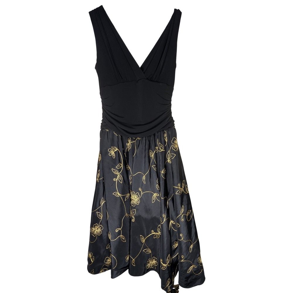 SL Fashions Womens Dress 12 Black Gold Floral‎ Embroidered Ruched V-Neck Y2K
